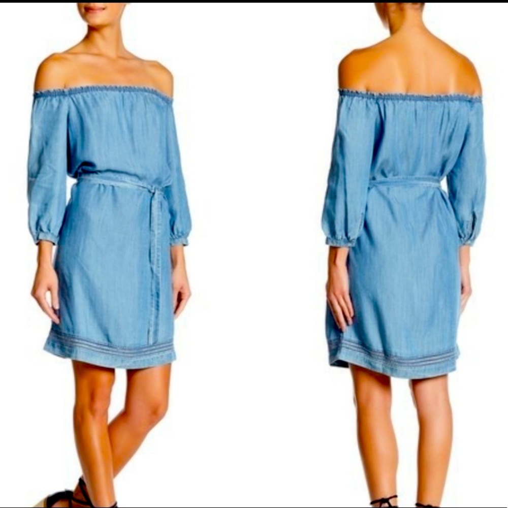 PAIGE Beatrice off the shoulder chambray dress in Persephone. Size Small